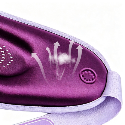 Close-up of a purple athletic headband with a light lavender elastic strap, featuring a printed graphic of airflow arrows and a ventilation icon to illustrate breathability.